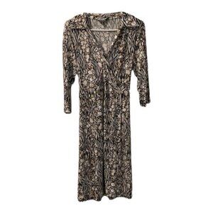 George V-Neck Tie 3/4 Sleeve Dress Black/Tan Size 12/14 EUC #0042